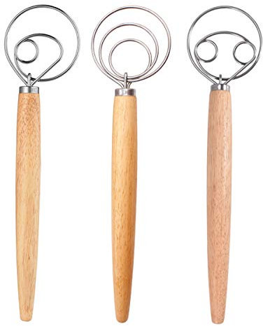 Professional Danish Dough Whisk, DBAILY 3pcs Frusta Pasta Danese Manico in Legno Fruste da Cucina in Acciaio Inox per Cuocere Torte Dessert Acida Pizza Pasticceria