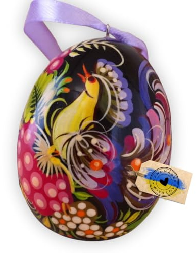 Ukrainischer Ostereier zum Aufhängen aus Holz Bunt Handbemalt mit schönem Vogel und Blumen, Exklusive Osterdekoration