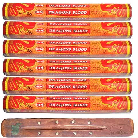 HEM Incense sticks DRAGONS BLOOD | Pack of 6 | with SAMASIA incense stick holder for Aromatherapy, Incense Spa, Yoga, Meditation, Healing, Spirituality and Relaxation