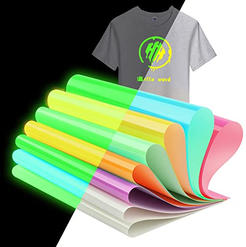 Im Dunkeln leuchtendes Hitzetransfer-Vinyl, HTV-Vinyl zum Aufbügeln, leuchtendes fluoreszierendes Heißpress-Vinyl, 8er-Pack 31 x 25 cm Neon schillernde HTV-Vinylfolie für DIY-T-Shirts
