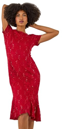 Roman Originals Floral Lace Overlay Dress for Women UK - Ladies Luxury Ball Gown Shift Midi Lined Knee Length Stretch Formal Wedding Guest Party Evening - Crimson Red - Size 12