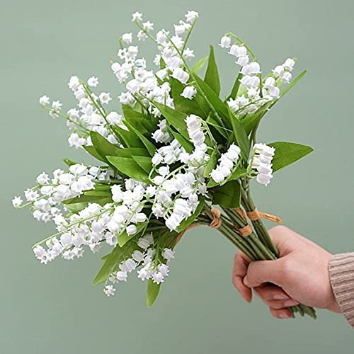 OUKEYI 12 artificial flowers of lily of the valley, Lily of The Valley Plastic Flower ，Outdoor Bridal Wedding Bouquet for Home Garden Party Wedding Decoration (White)