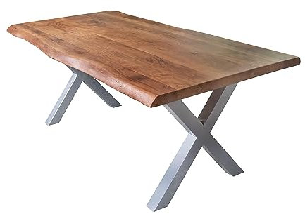 SAM Esstisch 220 x 100 cm Cali, Baumkantentisch nussbaumfarben, Akazienholz massiv, X-Gestell aus Metall Silber, aufgedoppelte Kanten 25+25 mm