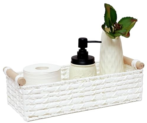 Small Storage Basket, Wicker Baskets for Organizing with Handle, Decorative Storage Bins for Countertop, Toilet Paper Basket for Toilet, Tank Top, Small Baskets Set, White