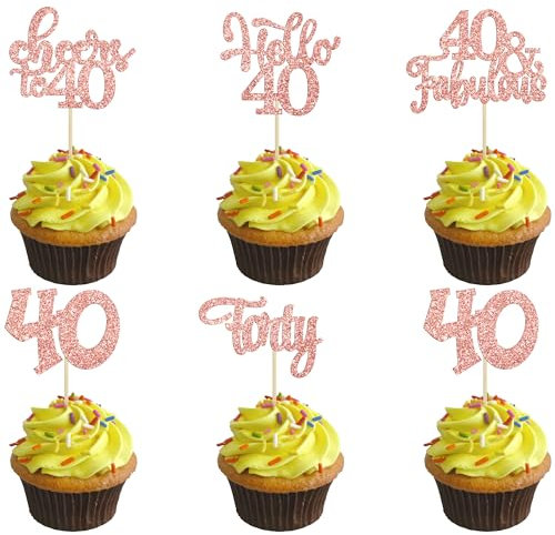 30Pcs Happy 40th Birthday Cupcake Toppers Rose Gold Glitter Forty Cheers to 40 Years Old Birthday Cupcake Picks for Happy 40th Birthday Anniversary Party Cake Decorations