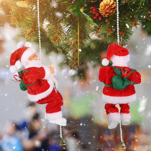 Climbing Rope Musical Christmas Santa Electric Singing and Climbing Beads Santa Claus Moving Hanging Christmas Figure Hanging Ornament for Home Xmas Tree Decor