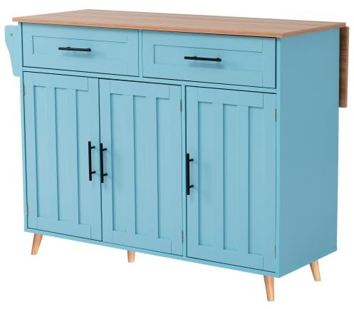 SogesHome Carrello da cucina su ruote, tavolo da pranzo mobile, isole da pranzo, carrello da servizio, credenza con piano pieghevole, 2 cassetti, 6 stanze con porte, isola della cucina su 5 ruote