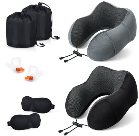 SOMLAW Nackenkissen Flugzeug, 2er Set Reisekissen Memory Foam, Ergonomisch Gestaltetes Nackenhörnchen, Reise Nackenkissen mit Schlafmaske, Ohrstöpsel, Tasche, Ideal für Reisen, Flugzeug, Auto, Büro