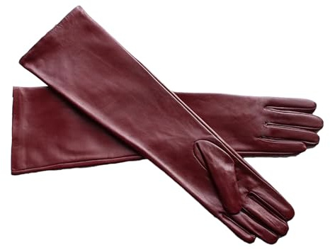 Lange Lederhandschuhe für Damen, Schaffell, dünn, über Ellenbogen, langes Fleecefutter, warme Winterhandschuhe, weinrot, 7