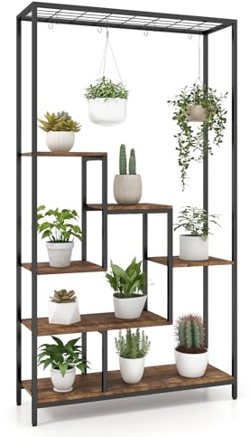COSTWAY 6-tier Tall Plant Stand, 180cm Metal Indoor Flower Pots Rack with 10 Hanging Hooks & Wire Shelf, Multipurpose Plant Display Holder Storage Organizer for Patio Garden Balcony (Black + Brown)