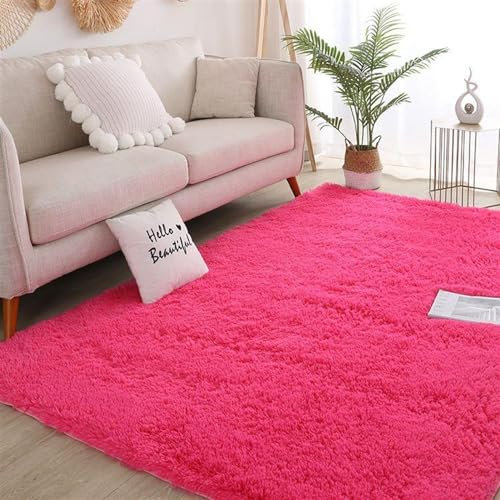 Guetto Hochflor Teppich Wohnzimmer rutschfest Fellteppich Shaggy Flauschig Weich Modern Kunstfell Fell Imitat Einfarbig, Teppich für das Schlafzimmer/Wohnzimmer/Kinderzimmer,Rose red,80x200cm