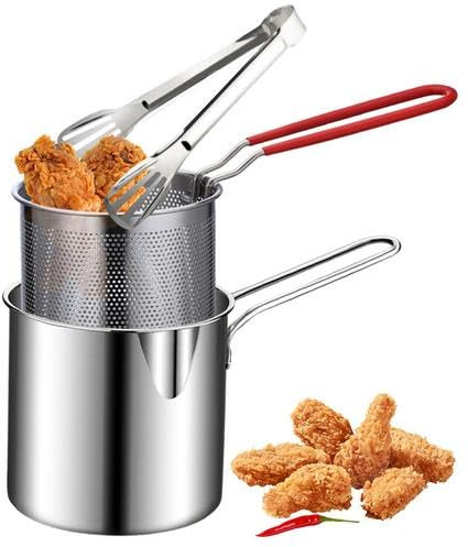 Friteuse Avec Panier, Mini Marmite À Friteuse Avec Panier Et Pince, Friteuse En Acier Inoxydable Avec Poignée Anti-brûlure, Panier À Frire Avec Pince, Panier À Friture Pour Frites, Poisson