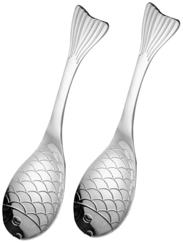 Fish Shaped Soup Spoons 2pcs Stainless Steel Silver Flatware | Simple Stylish Design, Serving Soup, Desserts and Porridge, Household Dining Piece