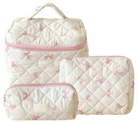 Reise Kosmetiktasche, Make Up Tasche mit Rosa Schleife Muster, Kulturtasche Damen, Groß Kapazität Kosmetiktasche Reise, Tragbare Schminktasche für Mädchen und Damen (3 Stück)