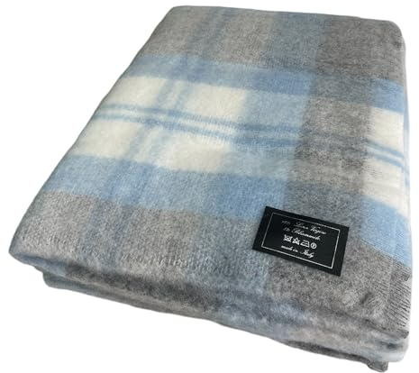EFFETTO CASA Plaid da Letto in Lana Mohair Lana, Coperta Scozzese (Celeste, Piazza e mezza)