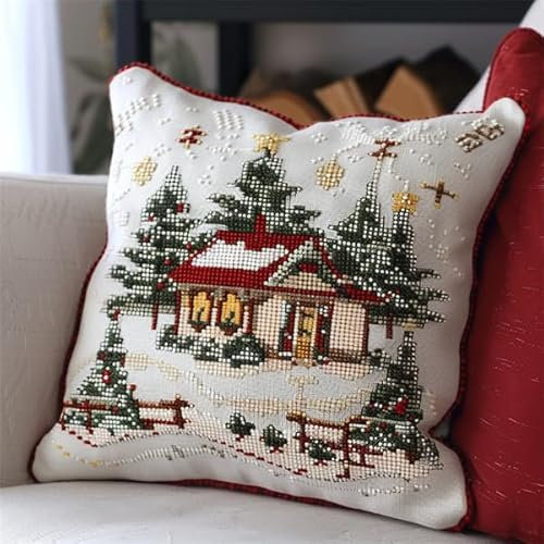 Kitquiver Knüpfkissen Set Weihnachten Knüpfen für Anfänger Set 43X43cm Knüpfen Handarbeit Set Kissen Bastelset Knüpfen Handwerksset Kissen DIY Bastelset für Anfänger für die Sofa-Heimdekoration