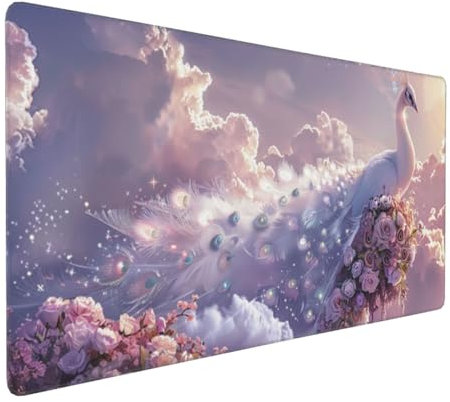 Gaming Mauspad XXL Pfau Mousepad 800x400x4mm Blume Verlängertes Mauspad Schreibtischauflage,Genähte Kanten Mauspad,Verbessert Präzision und Geschwindigkeit Wasserdicht Geeignet für Büro und Spiele