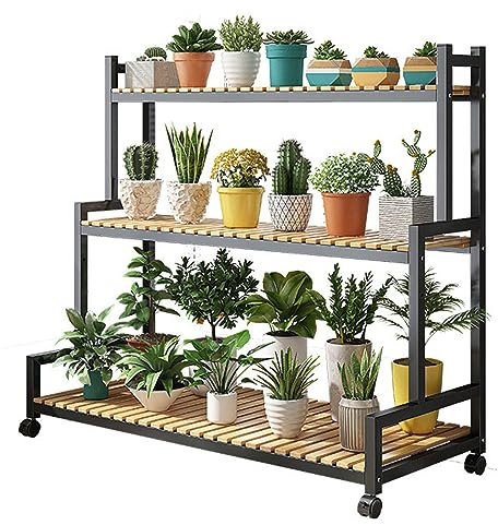 Pflanzenständer aus Metall für drinnen und draußen, Garten, 3 Etagen, hoher Pflanzenständer, Leiter mit Stahl-Holzregalen, Ecken, Balkon, Wohnzimmer, Aufbewahrung, schwarz, 120 cm