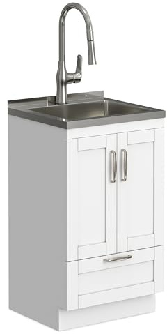 SIMPLIHOME Reed All-in-One 20 inch Wide Utility Sink and Laundry Cabinet in Pure White Finish, Transitional Stainless Steel Sink Cabinet for Laundry Rooms with High-Arch Chrome Faucet and Storage