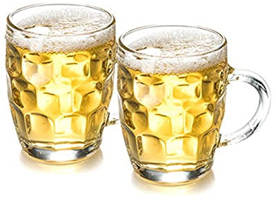 MRKU Bierbecher, Bierkrug aus dickem Glas, runde Biergläser, 560 ml, große Krüge aus Glas mit Noppen und Henkel, 2er-Set, Bierkrug