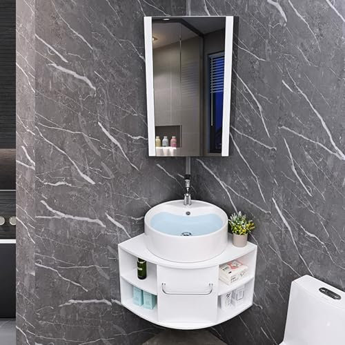 Eckwaschbecken, Wandhalterung, Waschtisch mit Aufbewahrungsbehälter und Schrank, 50 cm, dreieckiges Keramikwaschbecken für kleine Räume