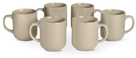 Amazon Basics Glazed Stoneware Coffee Mugs, 6-Piece Set, 473ml, Microwave and Dishwasher-Safe, Linen Gray