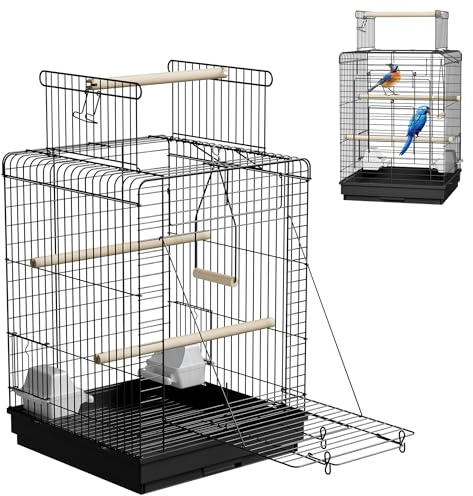 SUBTLETY Metall Vogelkäfige 40x40cm Wellensittich Käfig mit Ausruhen Holzstab Nymphensittiche Vogelbauer Tragbare Vogelvoliere mit Dachfenster, Tür, Futtertrog & Herausnehmbares Tablett für Ziervögel