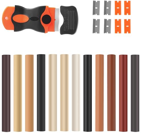 12 Stück Laminat Reparaturset, Parkett reparaturset mit Schaber Holzkorrekturstift Holzkitt Reparaturset Holz Reparaturstift Set Beheizbar für Holztüren, Tische, Schränke (12 Farben Premium)