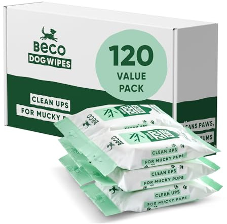 Beco Lingettes pour Chien – sans Plastique, 20 lingettes x 6 Paquets de Voyage, Non parfumées, pour Pattes, Corps et Fesses