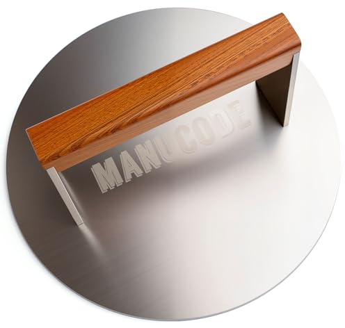 Manucode Smash Burger Press, Cool Beechwood Handle, 23 cm Round, 1.7 kg | Rust-free burger smasher, preheatable for searing steak, bacon and sandwiches, stainless steel, for griddle and barbecue fans