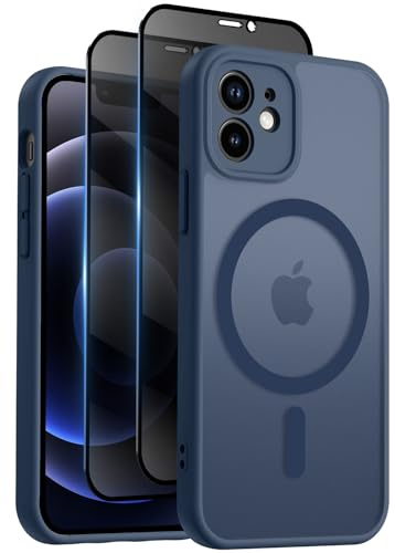 Aekyiwot Hülle für iPhone 12 Magnetische Handyhülle Kompatibel mit iPhone 12 MagSafe, mit 2 Schutzfolie Sichtschutz Privacy Schutz, Hülle mit Kameraschutz Stoßfest Kratzfest Schutzhülle, Dunkelblau