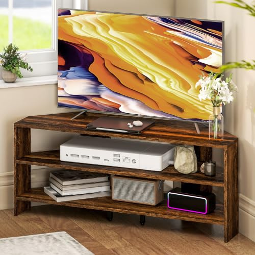 HOMCOM Corner TV Stand, Modern TV Unit for 47 Inch Television Rustic Brown | 2 Open Shelves, Living Room, Bedroom