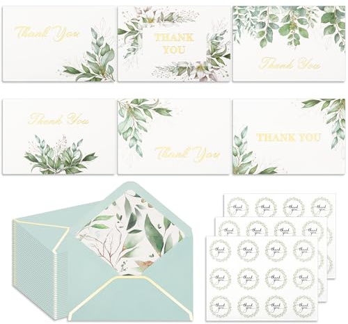 36PCS Thank You Cards with 36 Envelopes, 6 Styles Green Leaves Thank You Cards Wedding with Stickers for Weddings, Bridal Showers, Baby Showers, Birthday Parties