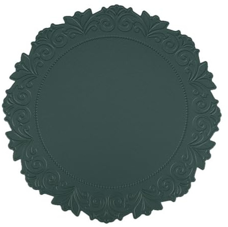 Tolldek Boho Place Mats Set of 6, PVC Leather Green Table Coasters Plain Flowers Edge Round Table Place Mat Washable Vintage for Table Bar Kitchen 38 cm