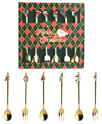 TAIYOU 6 Stück Edelstahl Weihnachtslöffel Gold Weihnachtsgabeln Kaffeelöffel Dessertlöffel Teelöffel Tischgabel Dessertgabel Kuchengabel Weihnachten Besteckset Kuchenlöffel mit Geschenkbox