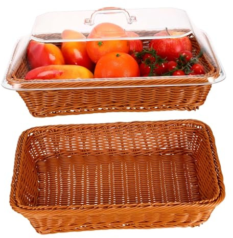 iplusmile Simulated Rattan Woven Basket with Lid Multifunctional Storage Container for Bread Fruit Snacks Home Kitchen Outdoor Picnic Rustic Decor | Rustic Acrylic Cover, for Bakery and Restaurant Display, Suitable for Vegetables and Drinks