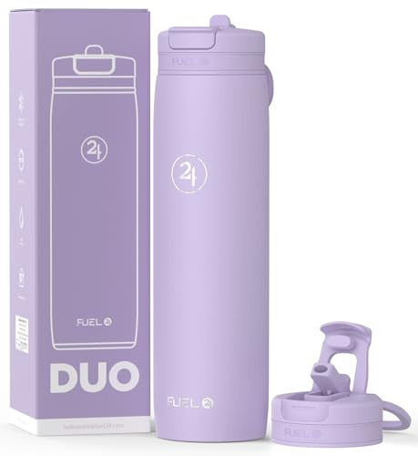 Fuel24 Duo - Stainless Steel Water Bottle 700ml or 1L - Vacuum Insulated Metal Flask with Straw (Dual use Lid) 1 Litre - for Sports, Gym, Work – Slim Design (Lavender, 700 ml)