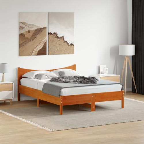 HaoChrymec Massivholzbett ohne Matratze Wachsbraun, Kiefernholz, Robustes Kopfteil, Komfortabel, polsterbett, einzelbett, Für Schlafzimmer, 120x200 cm