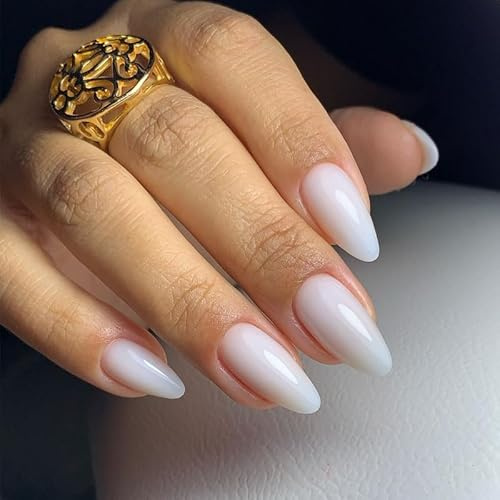 Yamobi 24 faux ongles à coller en forme d'amande, blanc laiteux, courts, réutilisables, ongles press on en colle, ongles autocollants, mini lime à ongles, kit à ongles, cadeau pour femmes et filles