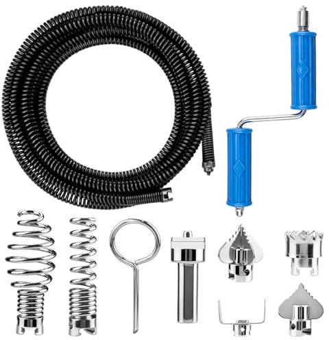5m Pipe Cleaning Spiral - 12 mm with 6 Pieces Drain Cleaner Cutting Head & Hand Tool, Hand Cranked Unblocker Tool, Drain Unblocker Auger Tools for Kitchen Sink, Bathroom Drainage, Sewer Pipe Cleaning