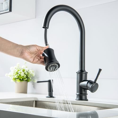 Kitchen Faucet Black Kitchen Taps Mixer w/Pull Out Spraye 3 Spray Patterns | Black Kitchen Sink Mixer Tap PsycheCove with Single Lever with 3 Spray Patterns, Brushed 304 Stainless Steel, 360° Rotatable