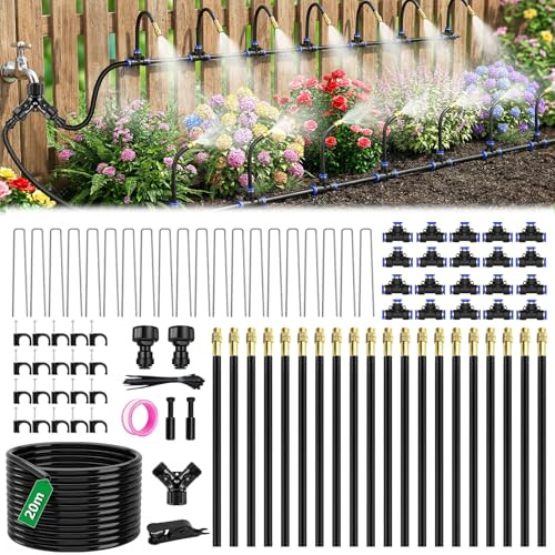 Bewässerungssystem Garten 20M, 360° Automatische Bewässerung Schlauch mit 20 verstellbaren Sprühdüsen, Outdoor Nebelkühlsystem für Gewächshaus Rasen Terrasse Pflanzenbewässerung