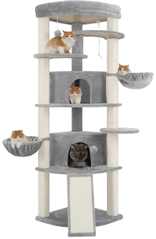 Gitelsnour Rascador para Gatos de rincón Interior, árbol para Gatos multinivel con Posts de rascado Sisal Natural, 2 Cuevas, Grandes Plataforma, 2 Canasta Colgante para Gatos, Gris Claro GCT035W