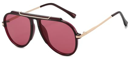 EYLRIM Oversized Retro Aviator Sunglasses for Women Men 70s Trendy Gold Metal Sun Glasses Pilot Shades(Wine Red Frame/Wine Red Lens)