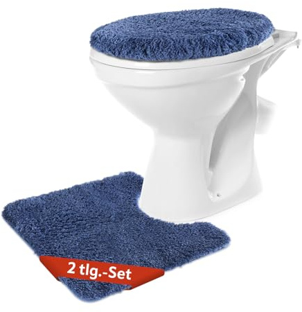 BENKSTEIN WC-Vorleger-Set 2-teilig in blau | weich & rutschhemmend – Badgarnitur mit WC-Vorleger (50 x 55 cm) & Deckelbezug (49 × 51 cm) | flusenfrei & waschmaschinengeeignet | kuscheliger Badteppich