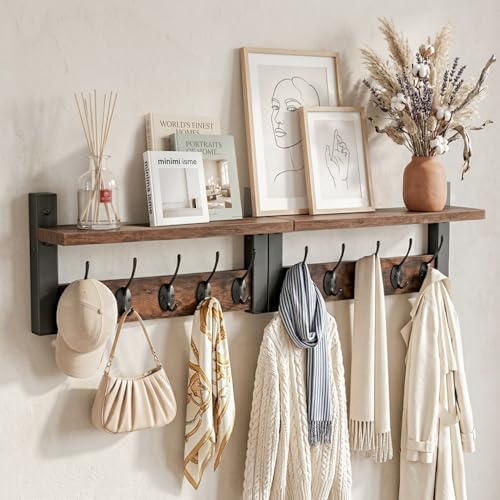 DongRong Coat Rack with Shelf 87cm, 10 Coat Hooks, Metal & Wood, Set of 2 | Wall mounted, rustic brown, with shelf, for entryway & bedroom, hats, coats & bags, versatile wall hook rack storage