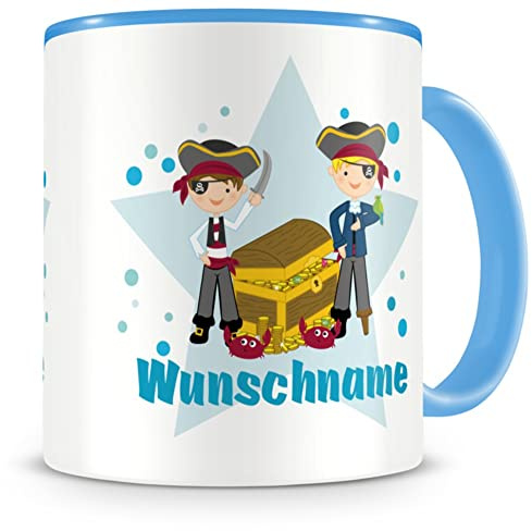 Samunshi® Kindertasse mit Namen Tasse Piraten Personalisierte Tasse mit Namen Kinder Kinderbecher personalisierter Text Namenstasse Kindergarten blau 300ml