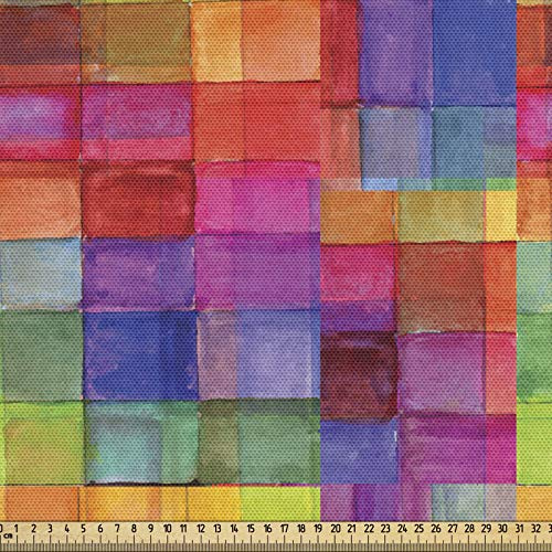 ABAKUHAUS Abstrakt Gewebe als Meterware, Regenbogen-Farben-Quadrate, Dicht Gewebter Stoff zum Nähen Polster Wohnaccessoires, 3M (148x300cm),Rosa Rot