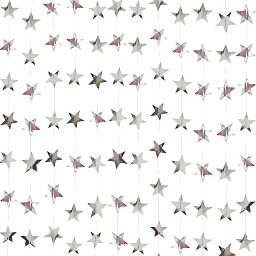 Silver Star Garland Banner Decorations - 156 Feet Bright Silver Paper Garland Hanging Decorations, Glitter Star Bunting Banner for Wedding, Birthday, Holiday, Christmas Party