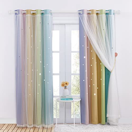 NICETOWN Kinderzimmer Gardinen mit Ösen Blickdicht Vorhang Hitzeschutz | 2er Set, H240 x B132 cm, Regenbogen-2, Thermovorhang, Doppellagige Vorhänge mit Hohlen Sternen und Voile, für Schlafzimmer